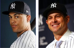 Above left, recent acquisition Giancarlo Stanton raises some early questions, whereas Yankee manager Aaron Boone (above right) fends off the critics where he can.