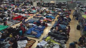 Photo of Ukrainian asylum seekers waiting for U.S. admission in Tijuana. 
(Photo courtesy CBS8.com)