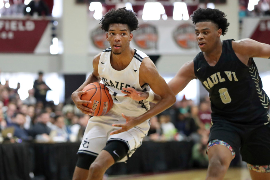 With great coverage and a palpable electric charge in the house, Sierra Canyon’s Ziaire Williams #1 drives against Paul VI at the Hoophall Classic on January 20, 2020, in Springfield, MA., one of many exciting high school games available thanks to growing interest and expanding technology. (AP Photo/Gregory Payan)
