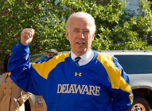 Back in 2008: Joe Biden sports Blue and Gold while campaigning for vice president at UD. (Photo courtesy UDel.edu)