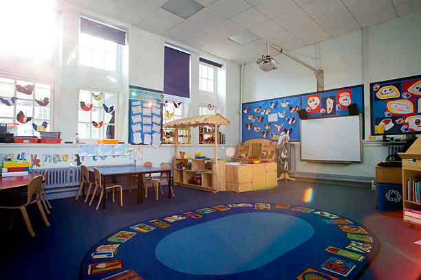 Landscape+image+of+an+empty%2C+nursery+classroom.+there+is+a+rug+in+the+middle+of+the+room.