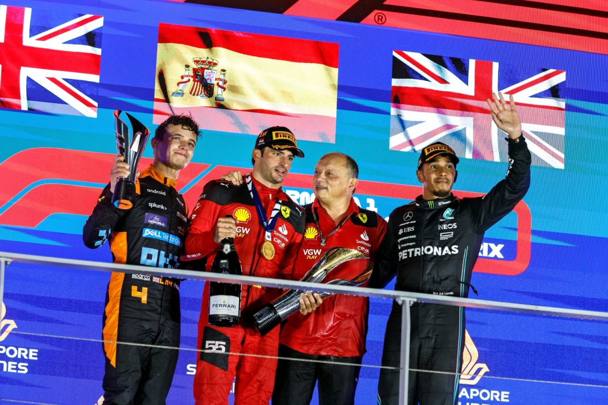 Singapore 2023 podium finish with Carlos Sainz-1st, Lando Norris-2nd, and
Lewis Hamilton-3rd (Photos courtesy autoracing1.com)