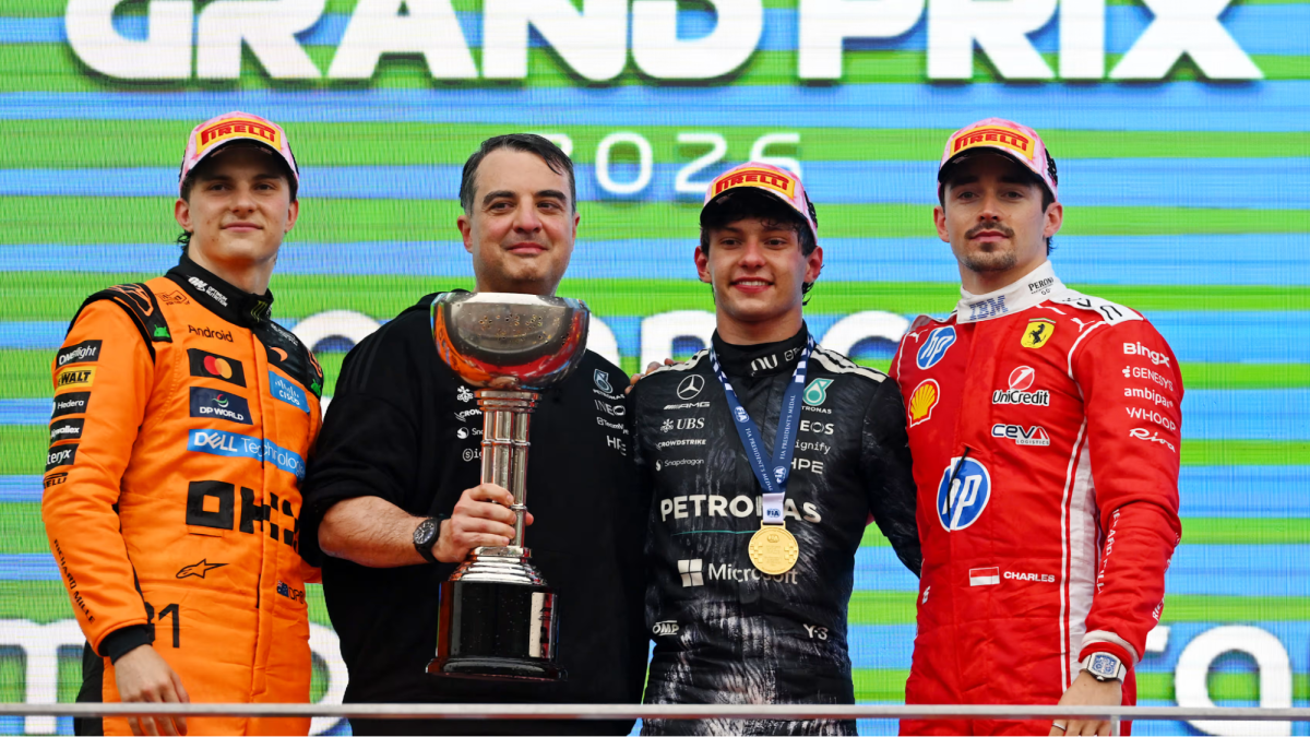 Championship leader Antonelli is joined on the podium by Oscar Piastri and Charles Leclerc. 