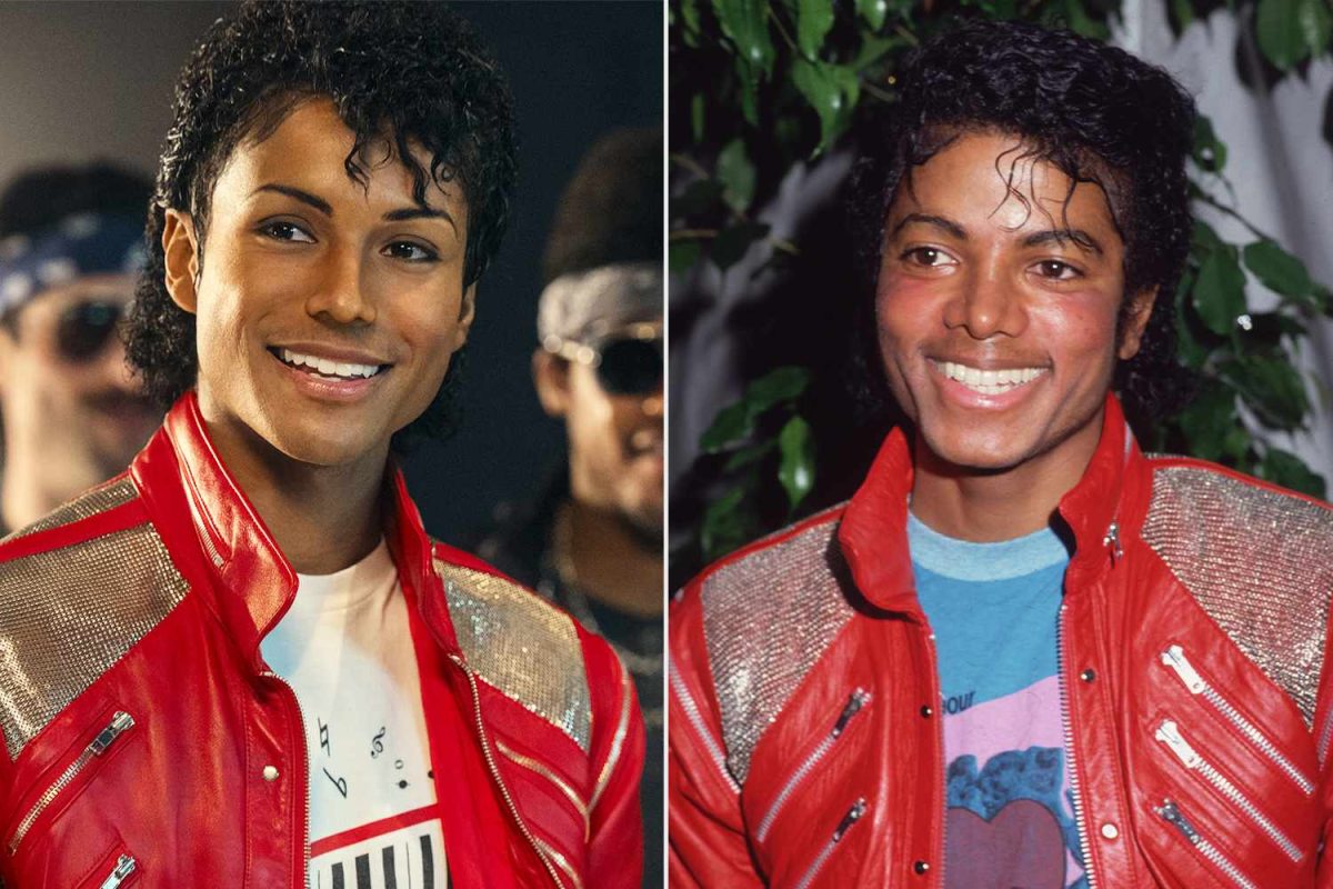 Jaafar Jackson as Michael Jackson in ‘Michael’; Michael Jackson at the opening of ‘Dream Girls’ in 1983.
Credit : Glen Wilson/Lionsgate ; Frank Edwards/Fotos International/Getty